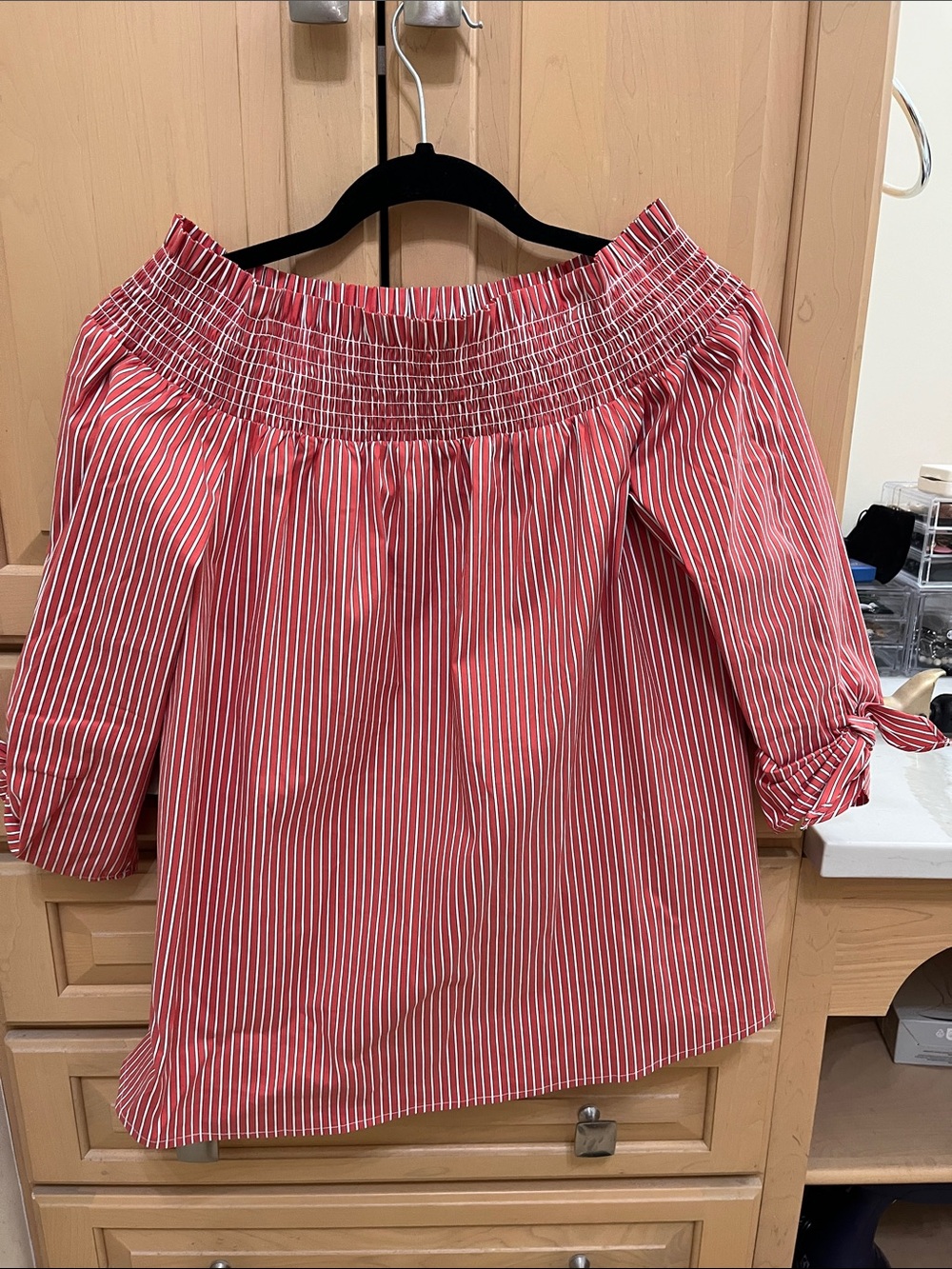 Chico's Coral and White Striped Off-Shoulder Blouse